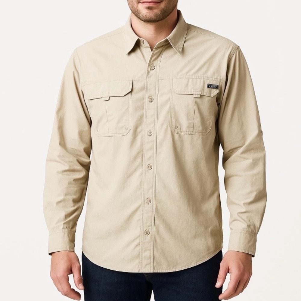 COLUMBIA Shirt TITANIUM KESTREL RIDGE Button Down Beige Khaki Nylon Size Medium